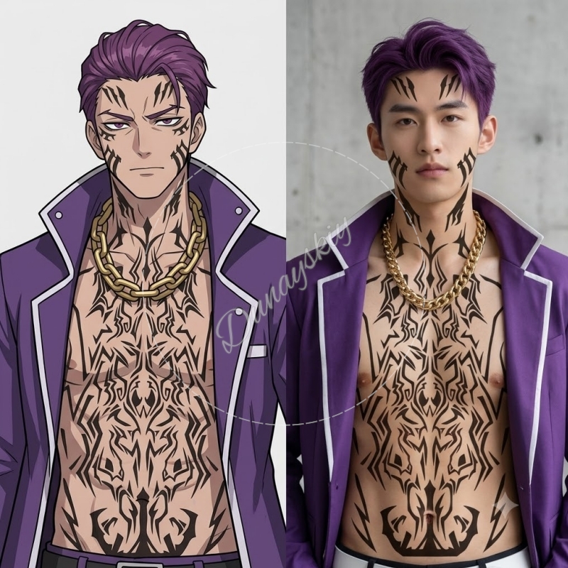 Anime Cosplay Face - แมทเธียส ริคาร์โด ลายชนเผ่าสีดำ แผ่นสักชั่วคราวสำหรับใบหน้า คอ และหน้าอก