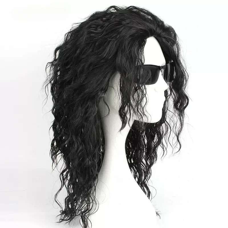 Anime Cosplay Long Black Hair - คอสเพลย์อนิเมะไมเคิล แจ็คสัน วิกผมสีดำ คอสเพลย์ไมเคิล วิกผมยาวปานกลางแบบหยิกสีดำ วิกผมสำหรับเล่นบทบาทสมมติ
