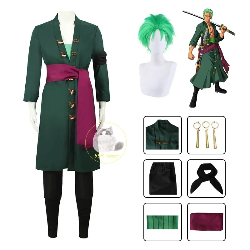 Anime Cosplay Anya - อะนิเมะ Roronoa Zoro คอสเพลย์เครื่องแต่งกายชุดสีเขียวกางเกงเข็มขัดกางเกง Ronoa Zoro
