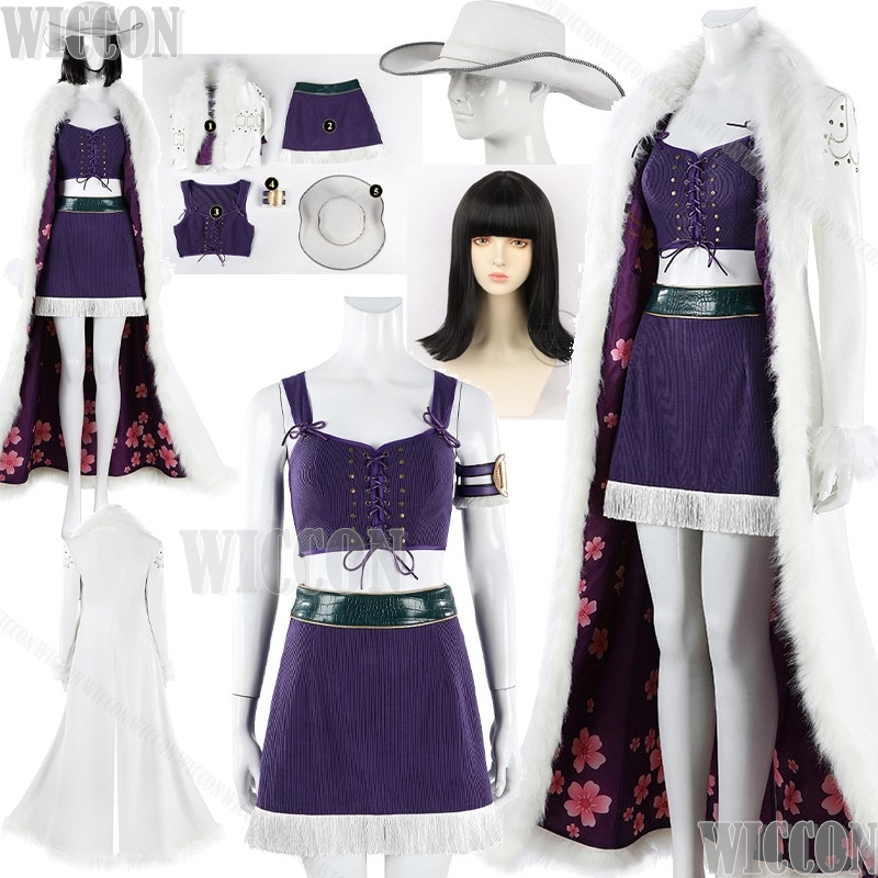 Anime Cosplay Long Black Hair - ชุดคอสเพลย์โรบินจากภาพยนตร์อนิเมะนิโก้ ชุดเดรสสีม่วงเซ็กซี่ พร้อมเสื้อคลุมยาวสีขาว หมวก วิกผมสีดำ ผมสั้น