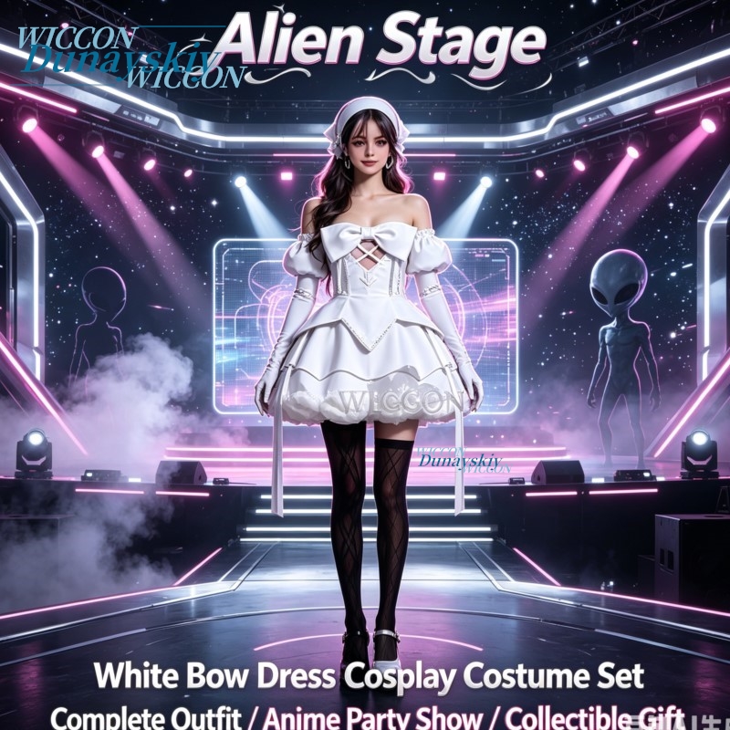 Anime Zombie Cosplay - อะนิเมะเอเลี่ยน สเตจ ซอมบี้ชุดเดรสสีขาวคอสเพลย์ชุดเครื่องประดับศีรษะสีเงินตกแต่งชุดปาร์ตี้ฮาโลวีนชุด