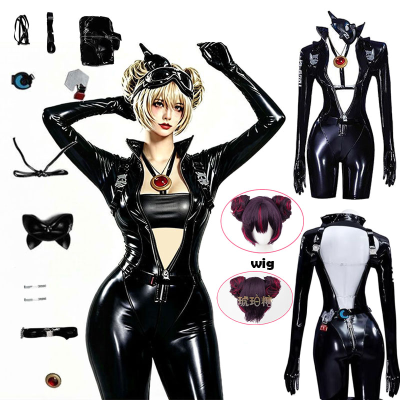 Anime Cosplay Jumpsuit - WHH อะนิเมะนิคเก้ ควินซีคอสเพลย์เครื่องแต่งกายชุดบอดี้สูทสีดำพร้อมเข็มขัดหน้ากากเย็บอย่างดีชุดคอสเพลย์ผู้หญิงเล่นบทบาทปาร์ตี้