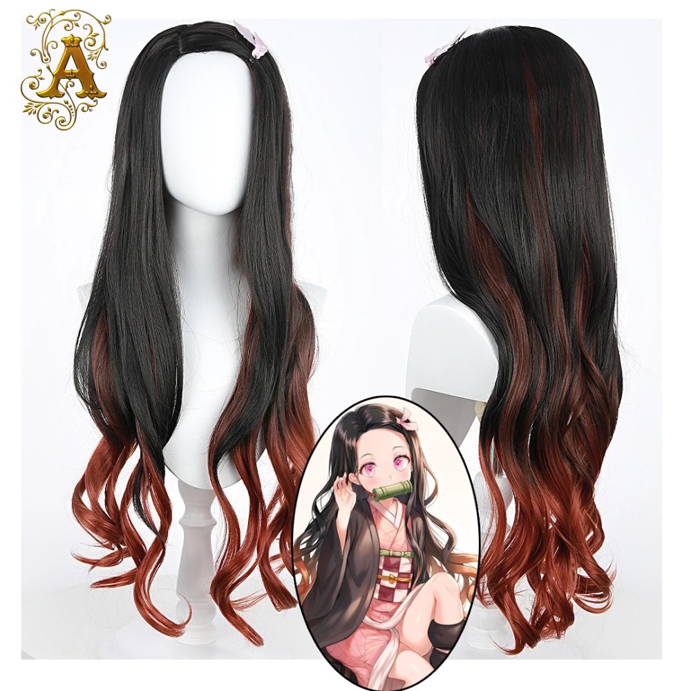 Anime Cosplay Long Black Hair - วิกผมคอสเพลย์เนซึโกะ สีดำแดงไล่เฉด ยาว 30 นิ้ว แบบลอน