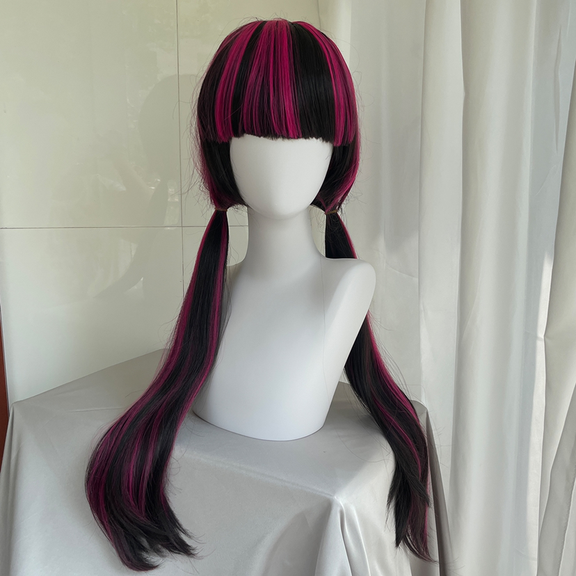 Anime Cosplay Long Black Hair - คุณภาพสูงวิกผมคอสเพลย์แดรกคูลาโรอาผมยาวตรงสีดำสีชมพอยางค์โรสสีชมพูทนความร้อนผมสังเคราะห์อะนิเมะวิกผม