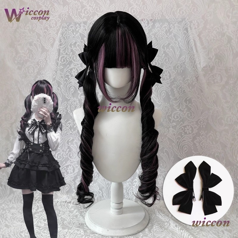 Anime Cosplay Long Black Hair - การ์ตูน ‌ วิกผมสีดำพร้อมวิกผมคอสเพลย์สีชมพูพร้อมหน้าม้า วิกผมยาวหยิกสไตล์โลลิต้า วิกผมคอสเพลย์สำหรับผู้หญิง ทนความร้อนได้